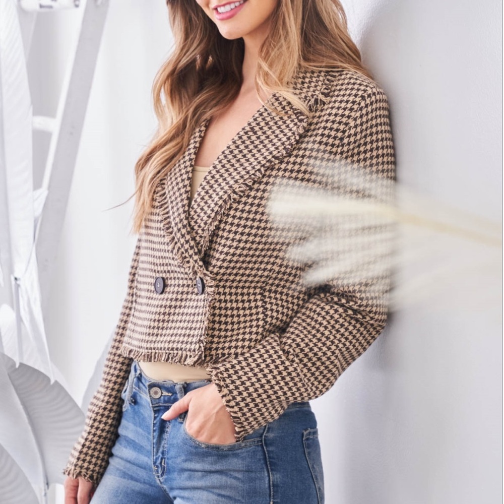 Love Riche Tan Brown Houndstooth Frayed Edging Lined Jacket Blazer NWT - Picture 3 of 16